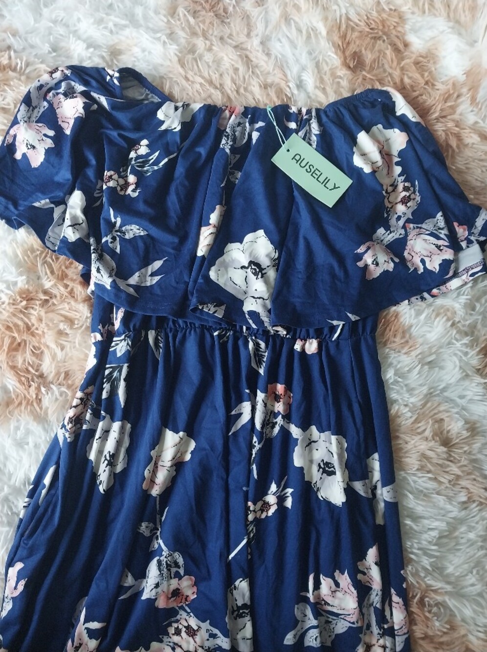 AUSELILY Navy Floral Off-Shoulder Maxi Dress